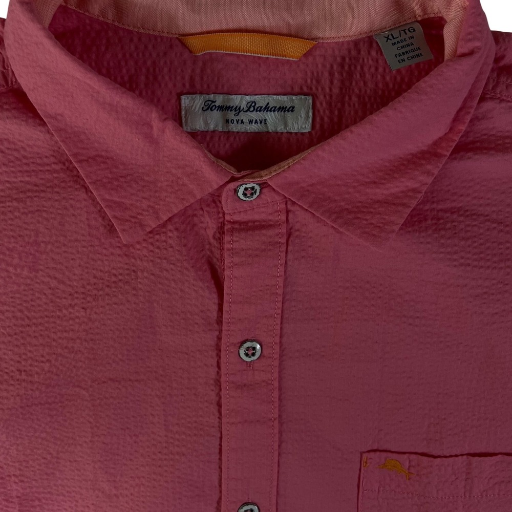 Tommy Bahama Nova Wave Pink Seersucker Short Sleeve Button Down Shirt Mens XL